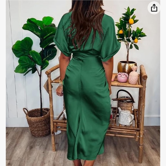 Classy Holiday Christmas Button Down Satin Ruched Shirt Maxi Dress Deep Green - Picture 2 of 6